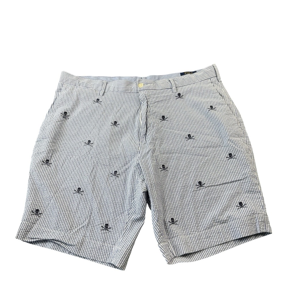 Polo Ralph Lauren Blue White Seersucker Skull AOP Mens Chino Short Size 38